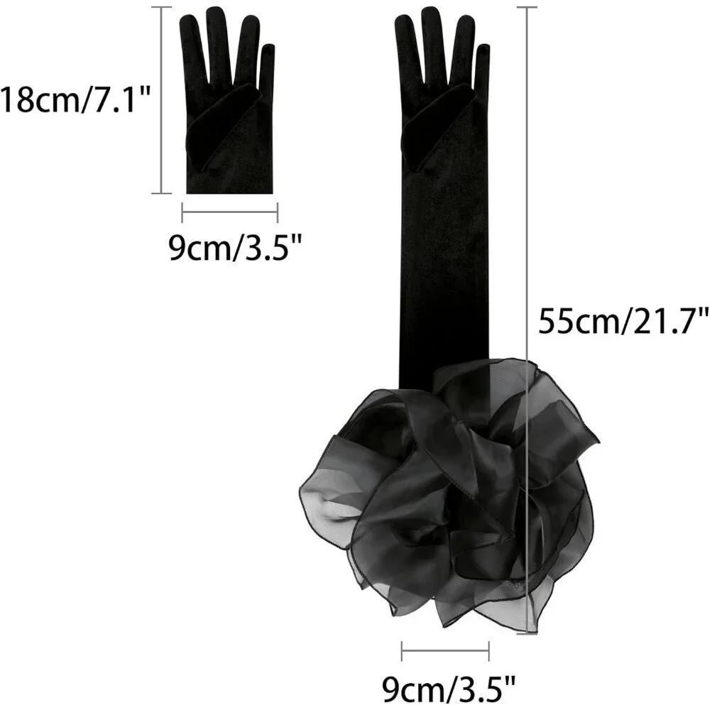 Women's Black Tulle Velvet Opera Long Gloves Puff Ruffled Banquet Party Prom